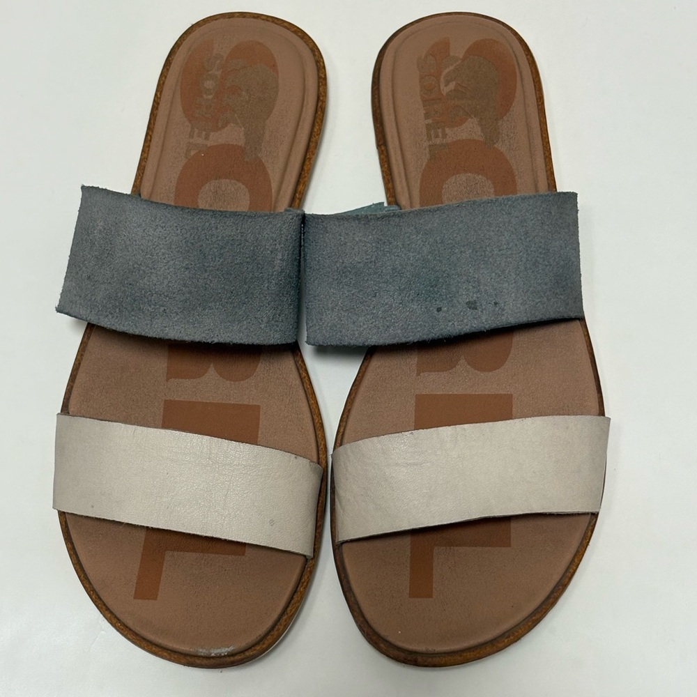 Sorel Ella II Leather Suede Slide Sandals Crushed Blue Chalk Slip on Sz 8